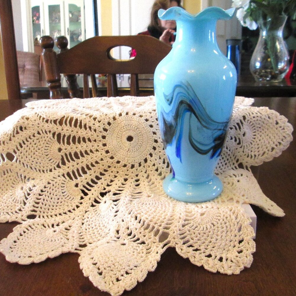 Vtg Art Glass "Snowflake" series Azure blue vase of Dalian Glass Circa 1960s